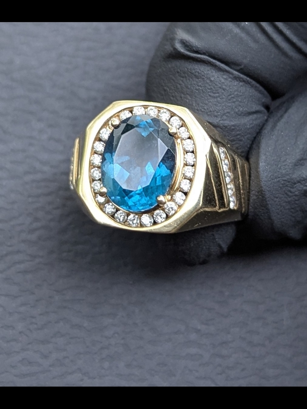 Helzberg Diamonds Gold Ring with Blue Topaz and Diamond Halo